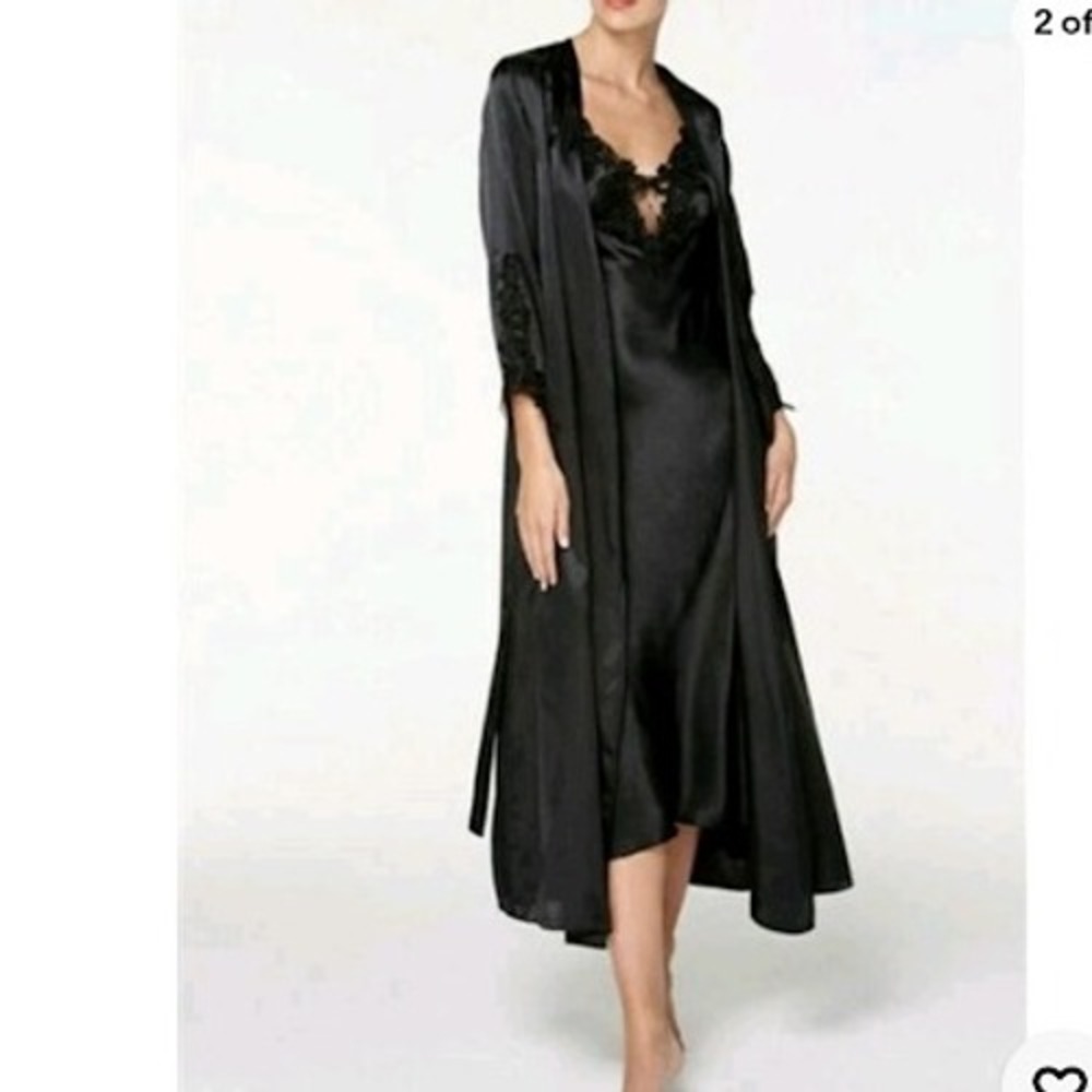 Flora Nikrooz Black Lace Trim Satin Robe Kimono Wrap Midi Sleeve Size S/M